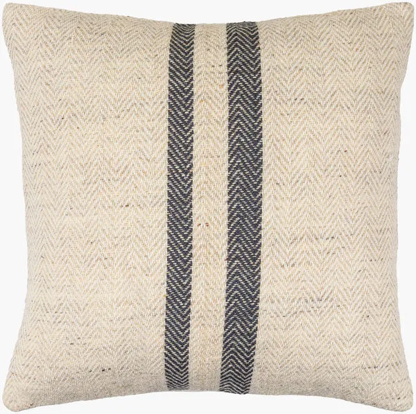 Neutral lumbar pillow with ivory base and two vertical charcoal herringbone stripes down center