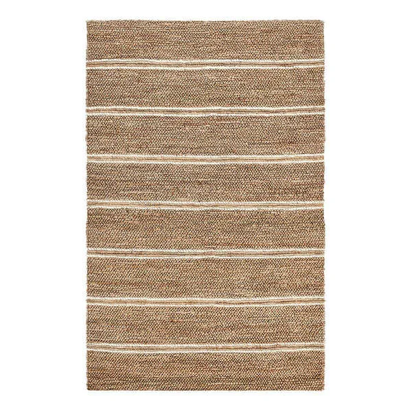 Barcelona hand-woven area rug in natural jute with white horizontal stripes and textured surface