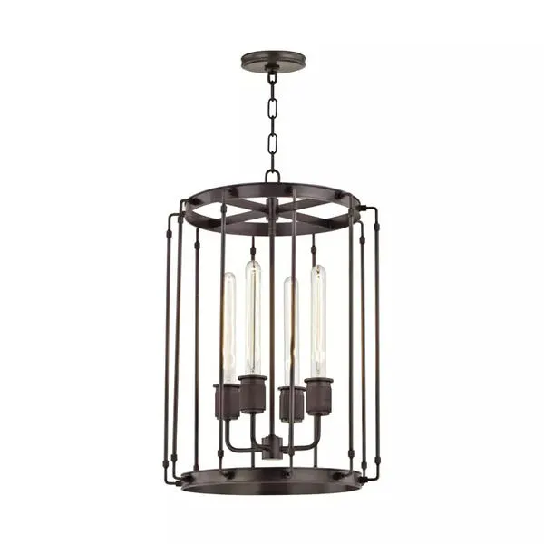 Hyde Park 4 Light Pendant in dark metal with cylindrical cage frame and four clear tubular bulbs