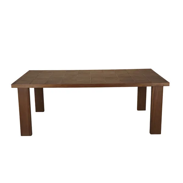 Rectangular outdoor dining table with a solid teak frame and brown inset ceramic tile top in a grid pattern