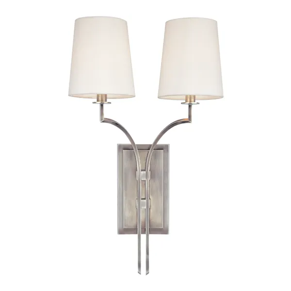 Glenford 2 Light Wall Sconce with brushed metal finish and two white fabric shades on curved arms
