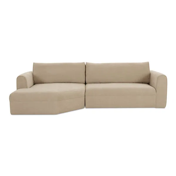 Beige Madrid sectional sofa with soft chenille fabric, wide angled chaise, fixed seat, and removable back cushions