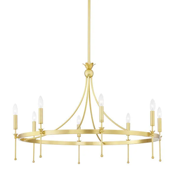Gates 8 Light Chandelier with gold steel frame, circular design, and eight candle-style bulbs