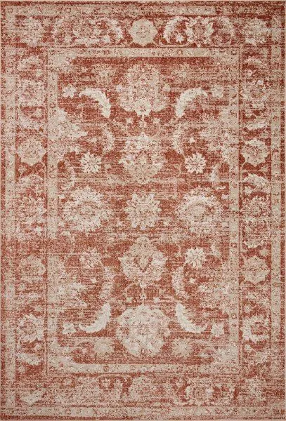 Long traditional runner rug in rust and ivory with vintage Turkish Oushak motifs and a softly distressed look