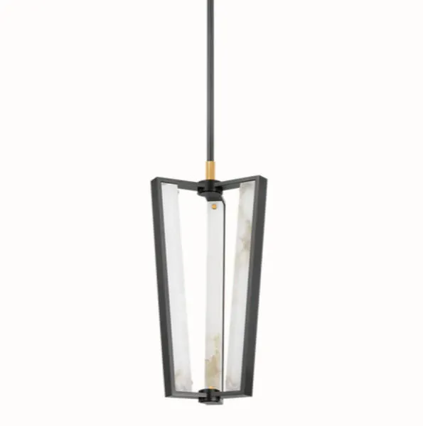Edgemere Pendant isolated on white background, front angled view showing black cage and alabaster panels