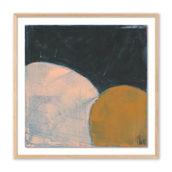 Abstract painting with large beige and mustard yellow shapes on a dark background in a light wood frame