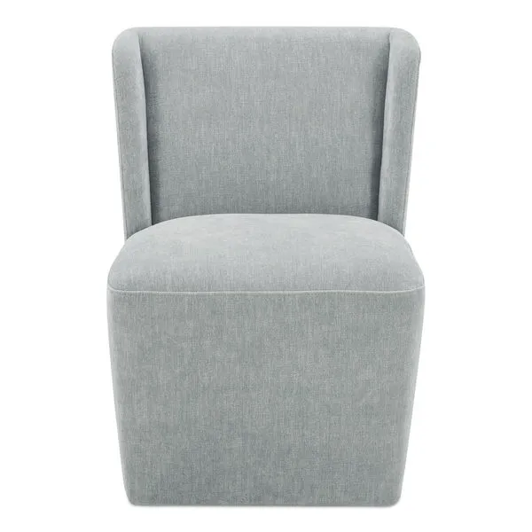 Cormac Rolling Dining Chair with padded seat and backrest in light gray high-performance fabric, featuring caster wheels