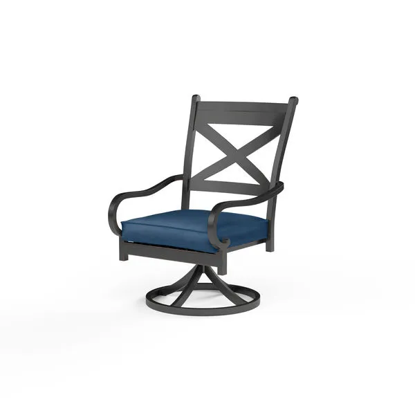 Monterey Swivel Dining Chair with espresso powder-coated aluminum frame and blue seat cushion