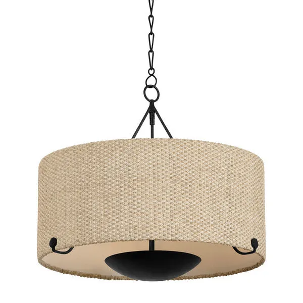 Elias chandelier with large woven beige Saguran drum shade, black forged iron arms, and black bowl light diffuser