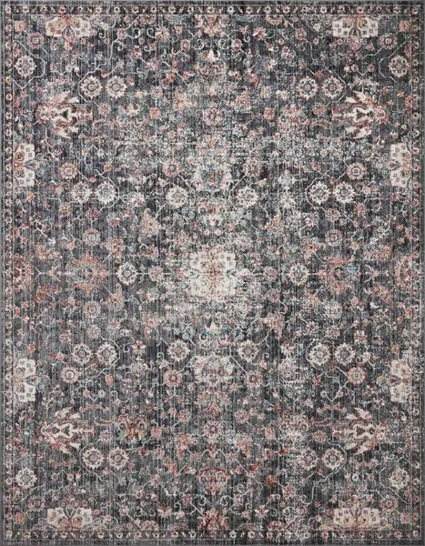 Traditional rug with a charcoal and rust color palette featuring intricate vintage-inspired floral and medallion patterns