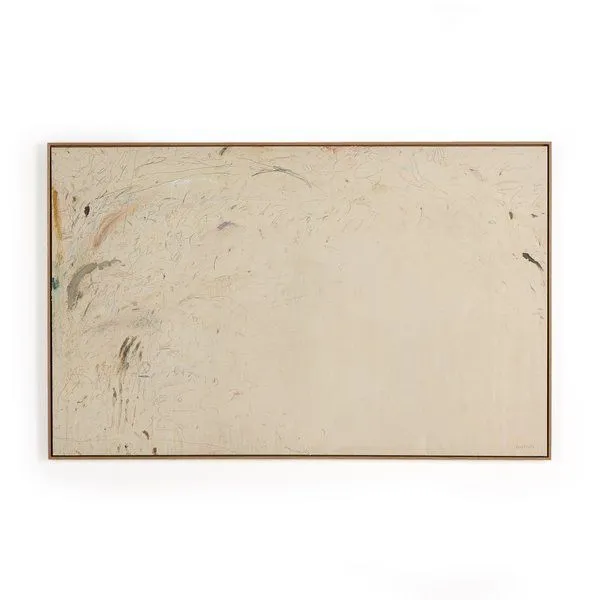 Abstract expressionist painting with soft beige background and faint scribbles, framed in thin natural wood