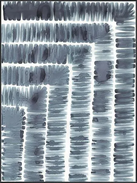 abstract painting with rhythmic brush strokes in shades of blue arranged in repetitive vertical and horizontal lines creat...