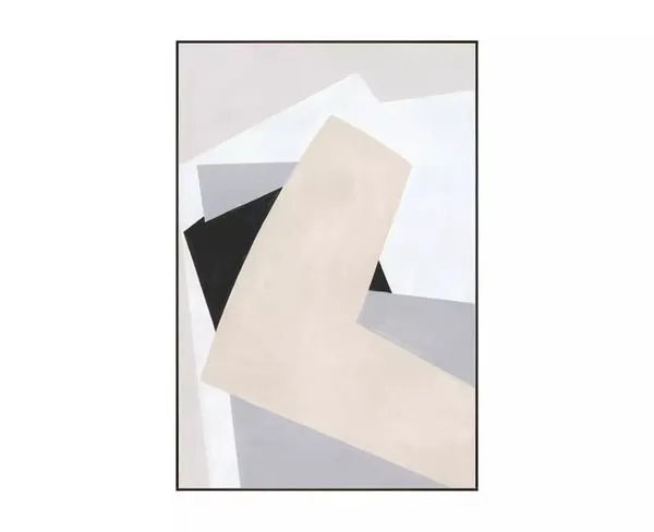 Abstract painting with overlapping angular shapes in soft beige, grey, black, and white tones