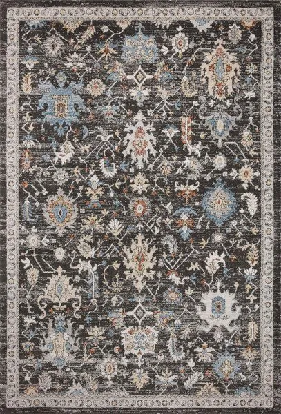 Traditional rug with charcoal background featuring vintage Turkish Oushak motifs in blue, cream, and rust tones