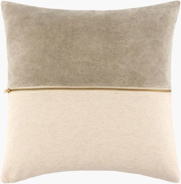 San Marco Gold Accent Pillow with beige linen bottom, taupe velvet top, and brass zipper detail