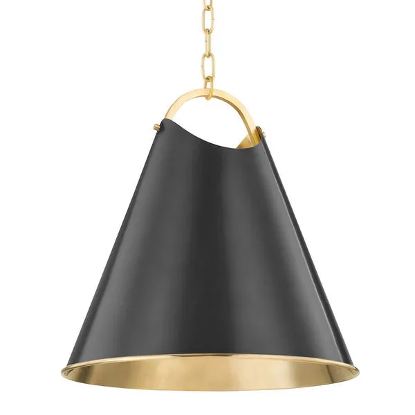 Large pendant light with aged old bronze conical shade and polished brass interior and hanging chain