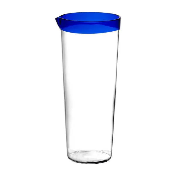 20 fl oz borosilicate glass carafe with clear body and cobalt blue rim, slender cylindrical shape with spout