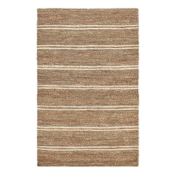 Hand-woven Barcelona area rug with natural jute fibers in brown and white horizontal stripes pattern