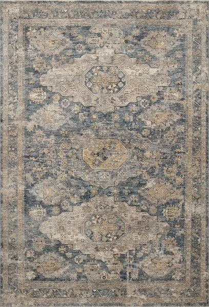 Taupe Gaia Denim rug with classic and abstract traditional motifs in warm and cool tones