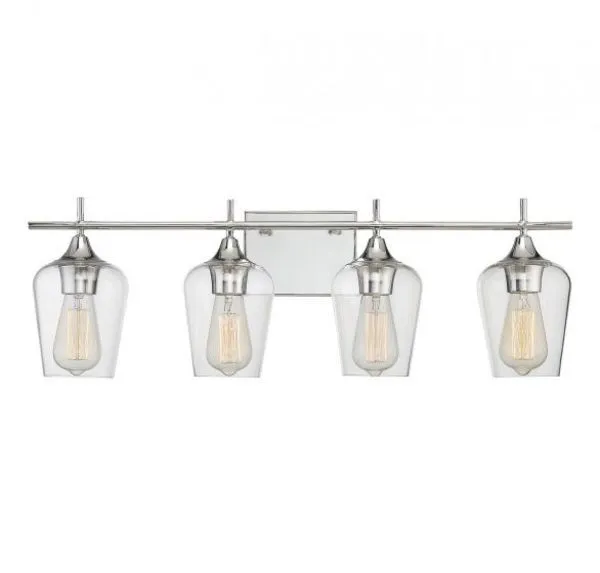 Octave 4-light bath bar with polished chrome finish and large clear curved glass shades