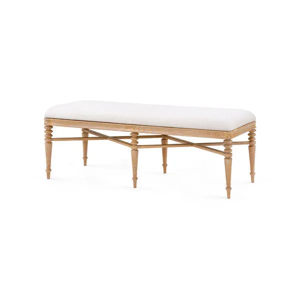 Lawrence Bench with Almond cerused oak frame and plush Frosted Alabaster cushion, hand-carved legs with cross-stretchers