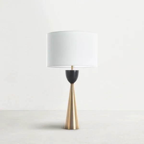 Rome Matte Table Lamp with matte gold brass conical base, black marble accent, and white drum shade