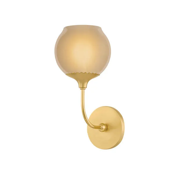 Daya Wall Sconce with a champagne tinted glass orb featuring etched details, mounted on an aged brass curved arm with scal...