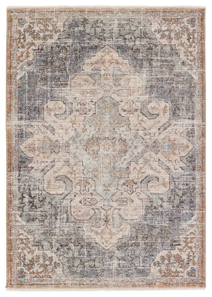 Traditional Lynette area rug with distressed medallion and floral pattern in tan, blue, gray, and cream hues