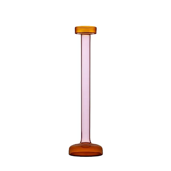 Tall glass candle holder with amber base and top, pink cylindrical stem, sleek modern design