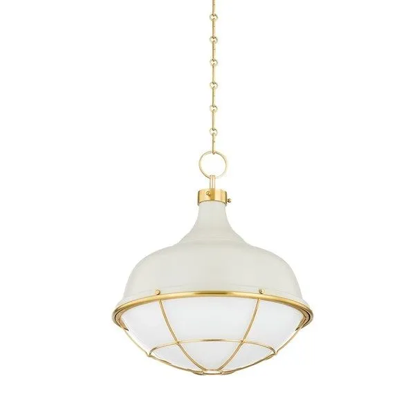 Holkham 1-Light Off-White Pendant with aged brass cagework and glossy opal glass in nautical silhouette