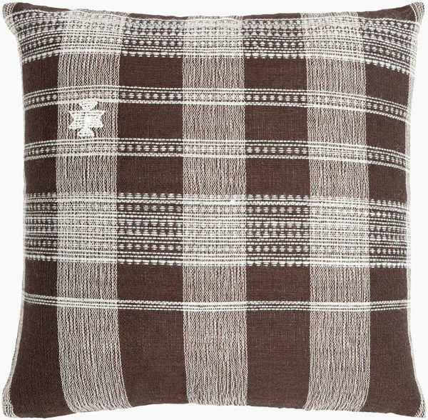 Myrna Dark Brown Accent Pillow with woven plaid pattern in brown and cream, featuring textured wool and cotton fabric
