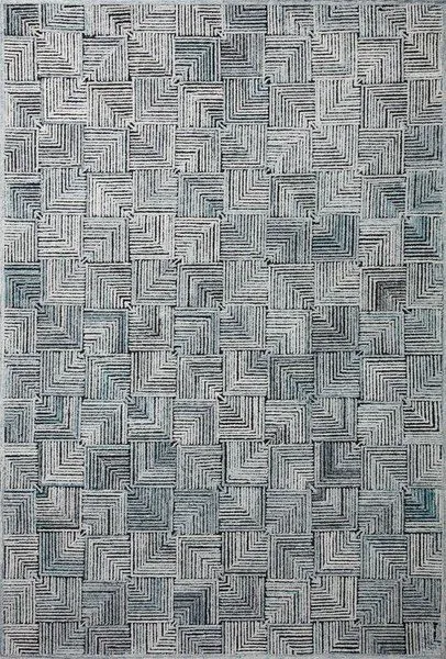 Prescott Arctic Blue Rug with tone-on-tone geometric square pattern in blue and gray hues, high-low pile texture