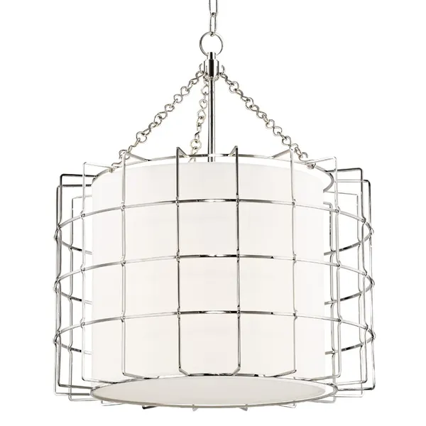 Sovereign 3 Light Pendant with cylindrical white fabric shade and geometric silver metal cage surrounding it, suspended by...