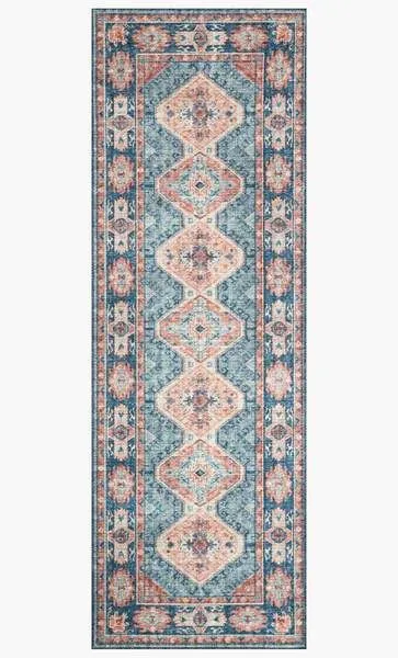Runner version of Skye Turquoise Terracotta Rug showing elongated diamond medallion pattern and floral border
