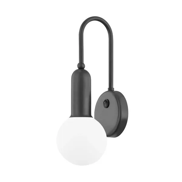 Gabby 1 Light Wall Sconce in matte black steel with a curved arm and round white globe diffuser