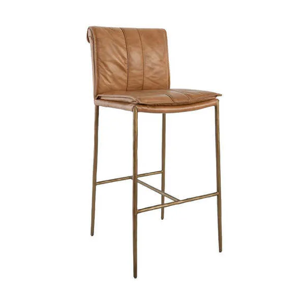 Mayer Stool with slender iron legs and tan leather seat featuring rolled back and decorative stitching