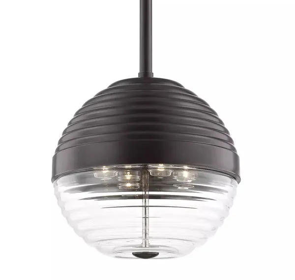 Easton 4 Light Large Pendant with ribbed dark bronze upper shade and clear ribbed glass lower globe
