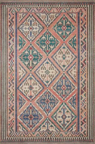 Rectangular bohemian rug with bold geometric diamond patterns in warm coral, blue, green, and cream tones