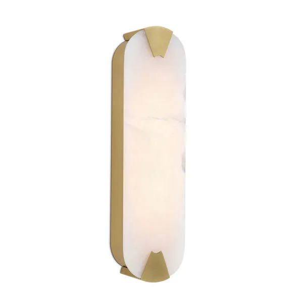 Houston Linear Sconce with elongated natural alabaster slab and brass-finished metal frame casting warm diffused light