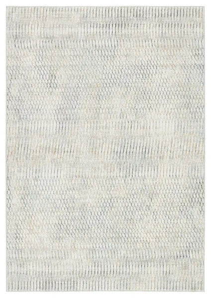Modern rectangular Pierre Trellis rug with abstract linear pattern in ivory, gray, gold, light blue, and charcoal tones