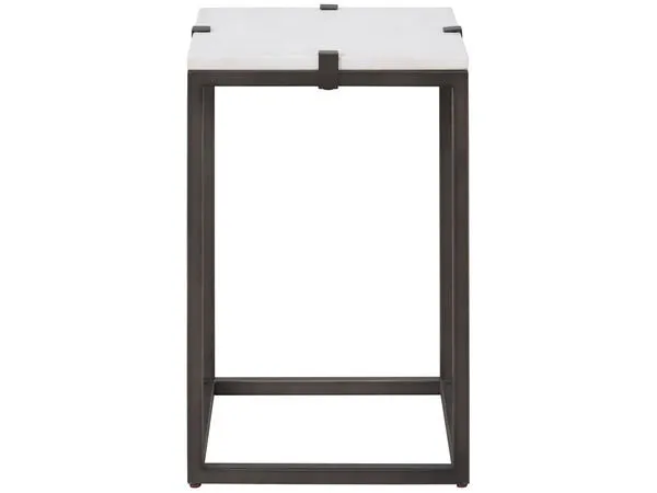 Archer Chairside Table with dark metal frame and white square top with four corner accents