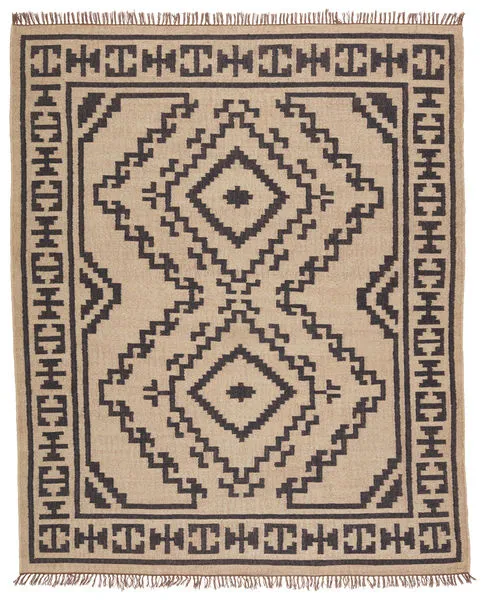 Flatwoven tribal medallion rug in beige and black with fringed edges from the Jaima Bedouin collection