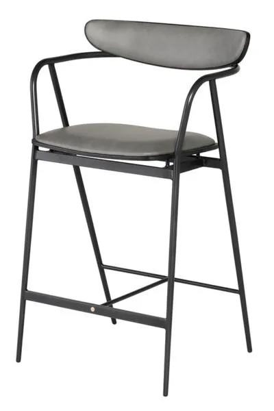 Gianni Counter Stool with a thin matte black metal frame and curved backrest, featuring a dark gray seat cushion