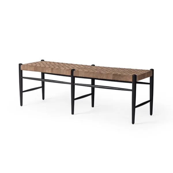 Wyatt Bench with coffee-colored top-grain leather woven seat and black-finished oak legs