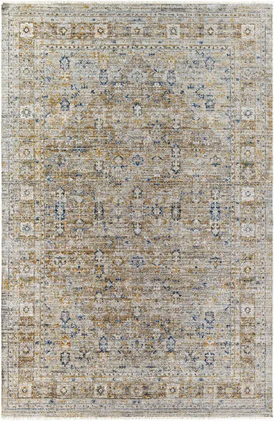 Traditional machine woven rug with muted gold, blue, and cream intricate patterns and no pile design