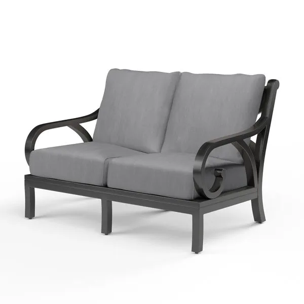 Monterey Loveseat with aluminum frame in espresso finish and gray outdoor cushions