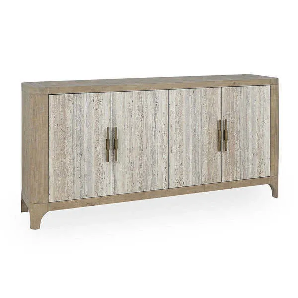 Sideboard buffet with reclaimed pine wood frame, travertine concrete doors, curved legs, and bronze handles