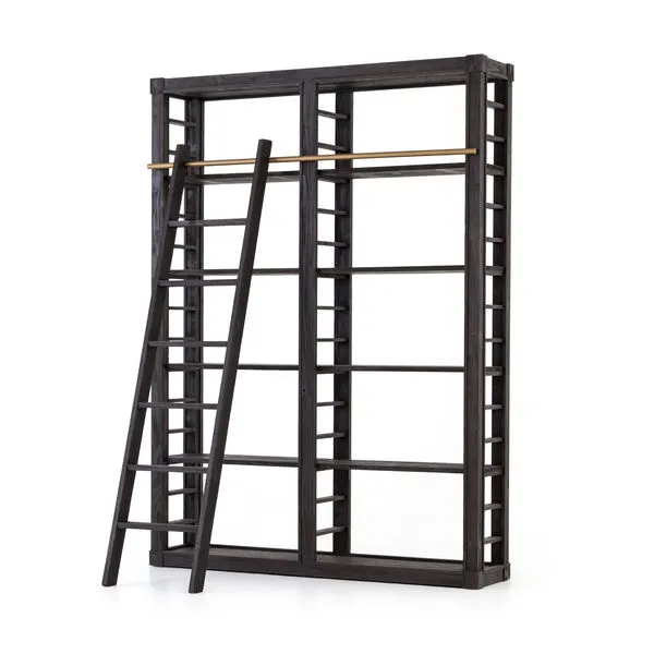 Dark anthracite pine bookshelf with two tall frames, five shelves each, and a decorative pine ladder on an antique brass i...