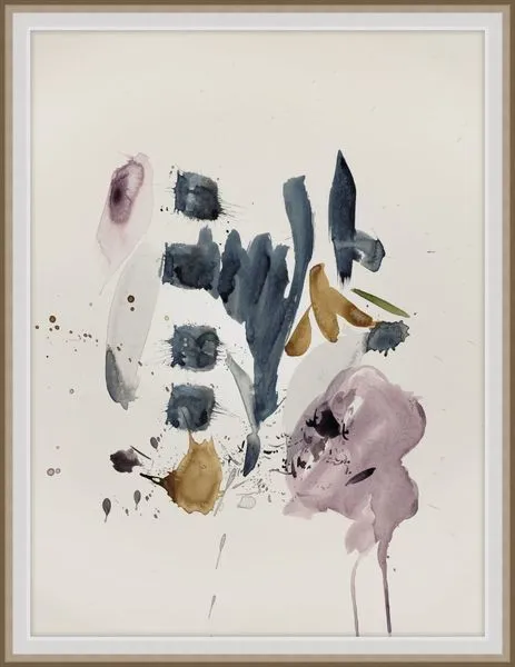 Abstract painting with splashes of muted blue, purple, gold, and olive on a white background in a thin white frame