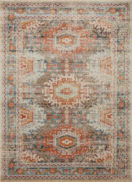 Vintage style Jocelyn Mist Multi rug with antique-inspired motifs in warm rust, blue, and beige tones